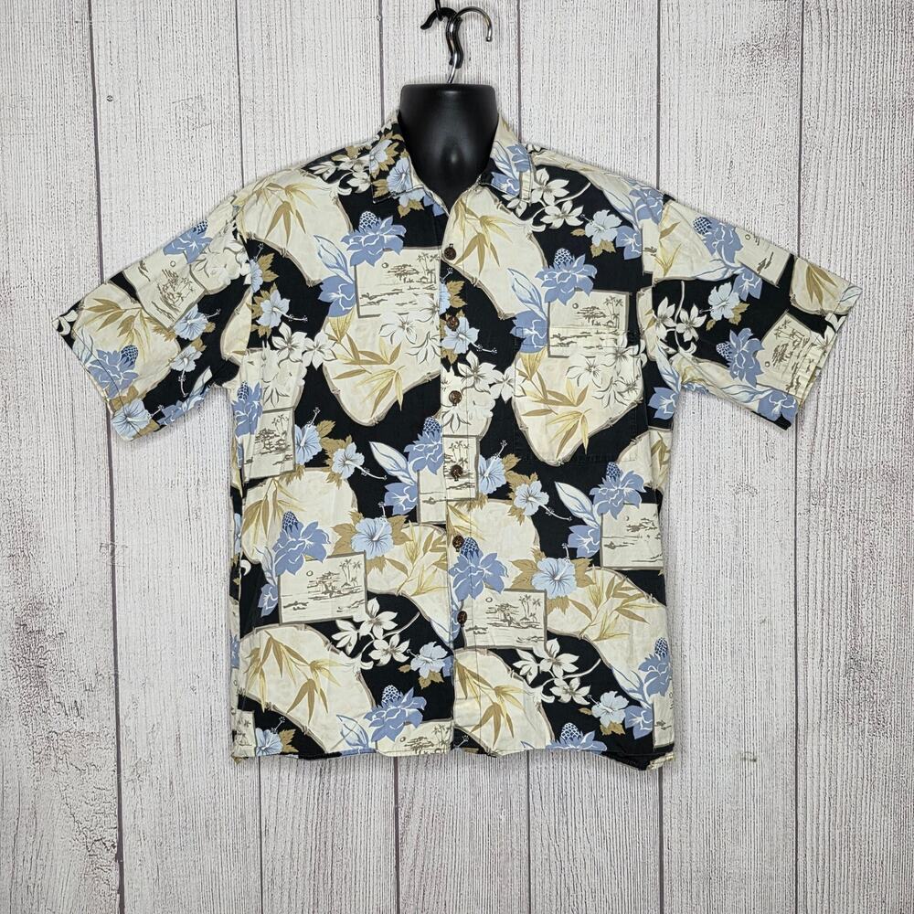 VTG Y2K Hilo Hattie Postcard Floral Print Aloha Button Up, sz Large